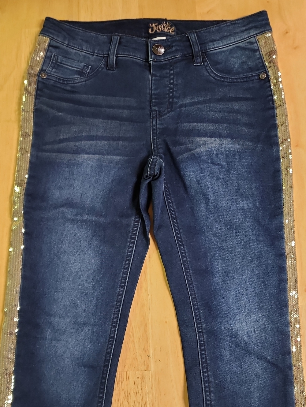 Justice Girls Size 14 Simply Low Jegging Dark Wash Gold Sequin Stripe Jeans EUC - Picture 6 of 9